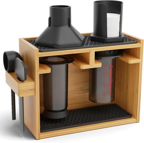 HEXNUB – Compact Organizer for AeroPress, Bamboo Coffee Caddy Station Holds AeroPress Coffee Maker, Accessories, Filters, Cups, Stand includes Mats (Black) in Kuwait