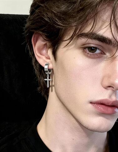Ofeiyaa 7 Pairs Magnetic Stud Earring Stainless Steel CZ Clip On Earring Non- Piercing Huggie Cross Chain Pendant Earring Feather Hinged Hoop Earrings Set For Women Men Black Silver Tone. in Kuwait