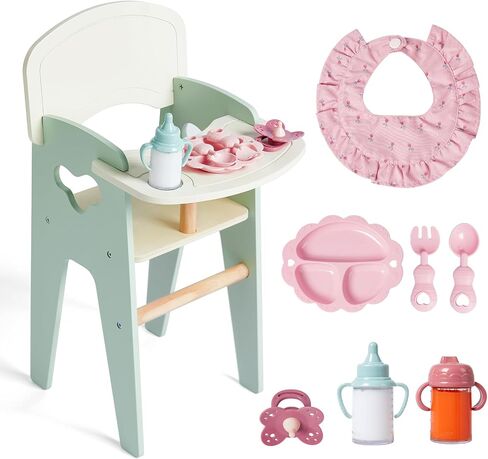 Giant bean Wooden Baby Doll High Chair with Feeding Set for 18 Inch Dolls Green Color in Kuwait