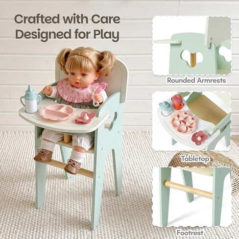 Giant bean Wooden Baby Doll High Chair with Feeding Set for 18 Inch Dolls Green Color in Kuwait