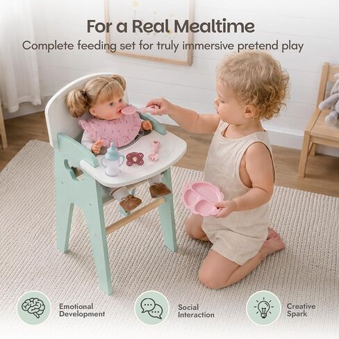 Giant bean Wooden Baby Doll High Chair with Feeding Set for 18 Inch Dolls Green Color in Kuwait