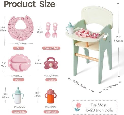 Giant bean Wooden Baby Doll High Chair with Feeding Set for 18 Inch Dolls Green Color in Kuwait
