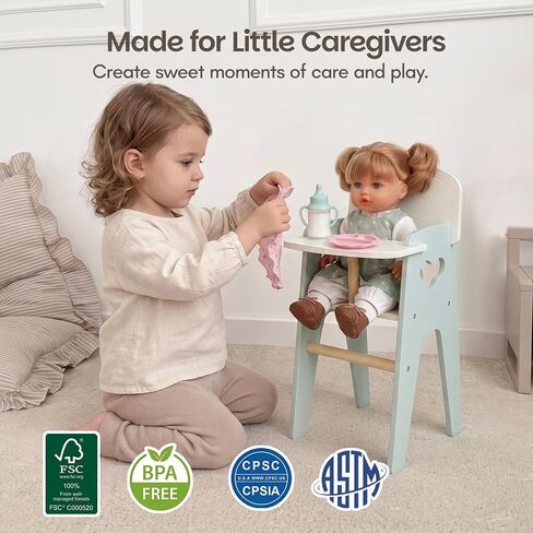Giant bean Wooden Baby Doll High Chair with Feeding Set for 18 Inch Dolls Green Color in Kuwait