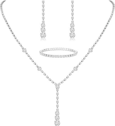 Jstyle Silver Jewelry Set for Women Rhinestone Crystal Necklace Drop Earrings Link Bangle Bracelet Bridal Wedding Jewelry Sets for Brides Bridemaid Prom Costume Accessories in Kuwait
