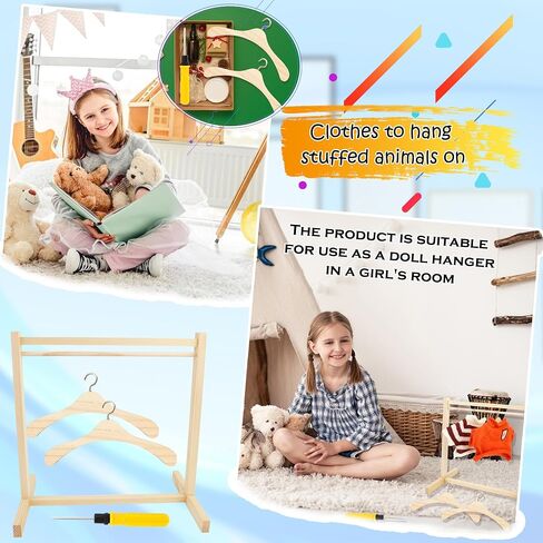 17 Pcs Wood Doll Garment Rack with Wooden Clothes Hanger Mini Wooden Girl Doll Clothes Hanger Organizer Storage Shelf for 18 Inch Girl Doll Clothes Baby Dollhouse (Color Set 1) in Kuwait
