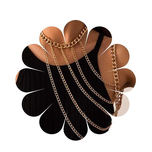 YienDoo Sexy Harness Body Chain Boho Gold Necklace Choker Shoulder Chain Multi Row Chunky Cuban Arm Chain Unique Layered Shoulder Necklace Body Chain Jewelry Accessories for Women Girls in Kuwait
