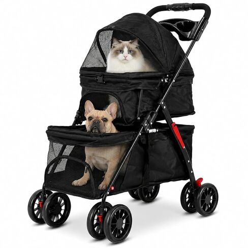 Double Pet Stroller for Cats and Dogs, 2-in-1 Lightweight Foldable Travel Cart with Cup Holder and Foot Brake, Double Dog Stroller for Small Dogs, Cat Stroller for 2 Cats in Saudi Arabia