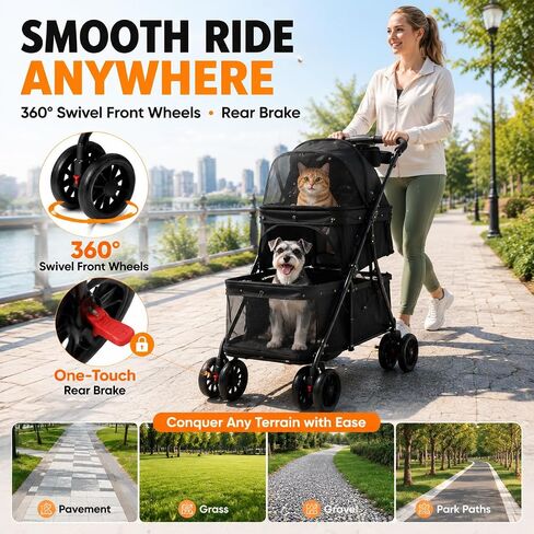 Double Pet Stroller for Cats and Dogs, 2-in-1 Lightweight Foldable Travel Cart with Cup Holder and Foot Brake, Double Dog Stroller for Small Dogs, Cat Stroller for 2 Cats in Saudi Arabia