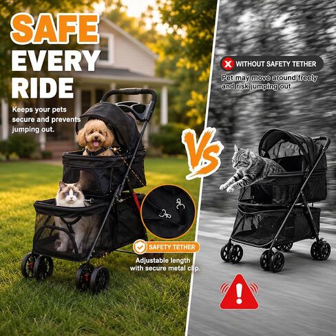 Double Pet Stroller for Cats and Dogs, 2-in-1 Lightweight Foldable Travel Cart with Cup Holder and Foot Brake, Double Dog Stroller for Small Dogs, Cat Stroller for 2 Cats in Saudi Arabia