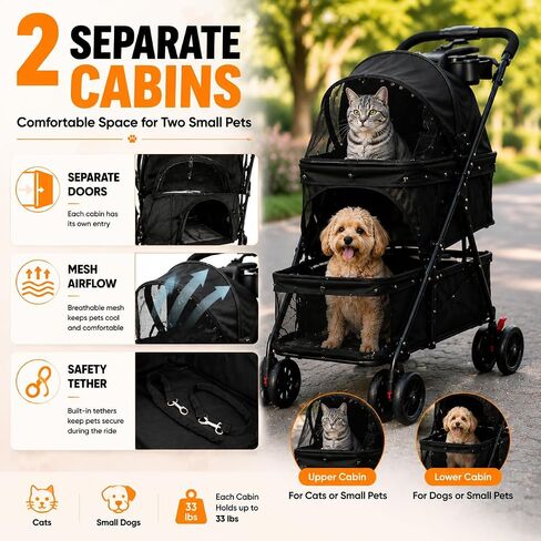 Double Pet Stroller for Cats and Dogs, 2-in-1 Lightweight Foldable Travel Cart with Cup Holder and Foot Brake, Double Dog Stroller for Small Dogs, Cat Stroller for 2 Cats in Saudi Arabia