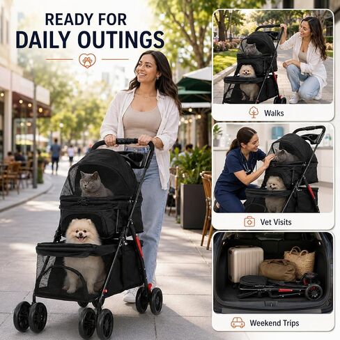 Double Pet Stroller for Cats and Dogs, 2-in-1 Lightweight Foldable Travel Cart with Cup Holder and Foot Brake, Double Dog Stroller for Small Dogs, Cat Stroller for 2 Cats in Saudi Arabia