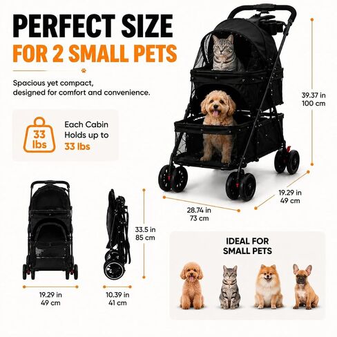 Double Pet Stroller for Cats and Dogs, 2-in-1 Lightweight Foldable Travel Cart with Cup Holder and Foot Brake, Double Dog Stroller for Small Dogs, Cat Stroller for 2 Cats in Saudi Arabia