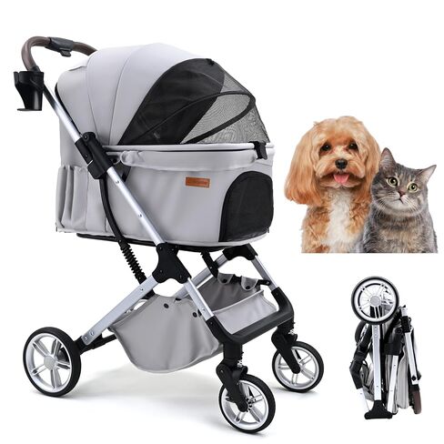 Pet Stroller for Small Dogs and Cats, One-Click Folding, 35 lbs, Light Grey in Kuwait