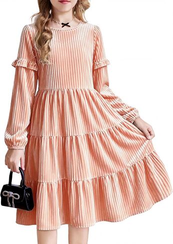 Arshiner Girls Velvet Tiered Dress Long Sleeve Crew Neck Elegant Tween Twirly Dresses for 6-13 Years in Saudi Arabia