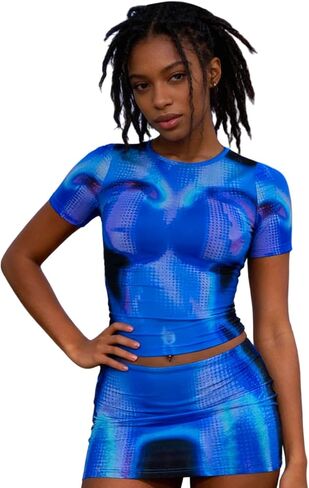 Women 2 Piece Outfits Hipster Y2K Aesthetic Body 3D Print Round Neck Slim Crop Top Bodycon Mini Skirt Set Streetwear in Kuwait