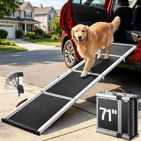 87" Extra Long Dog Ramp for Pickup Truck, 17" Wide Aluminum Alloy Foldable Pet Car Ramp for Large Dogs 150 lbs, Upgraded 90° Ratchet-Adjustable Head, Anti-Slip Portable Dog Ramp for SUV Side Door in Saudi Arabia