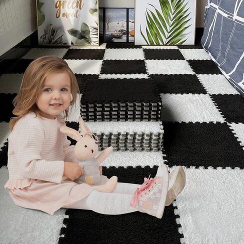 16pcs 0.6" Thickened Interlocking Tile Mats,Fluffy Shaggy Soft EVA Foam Area Rug for Living Room & Bedroom,Non-Slip Protective Floor Carpet Play Mat Kids Baby Dorm Home Decor (11.8ft, Black) in Kuwait