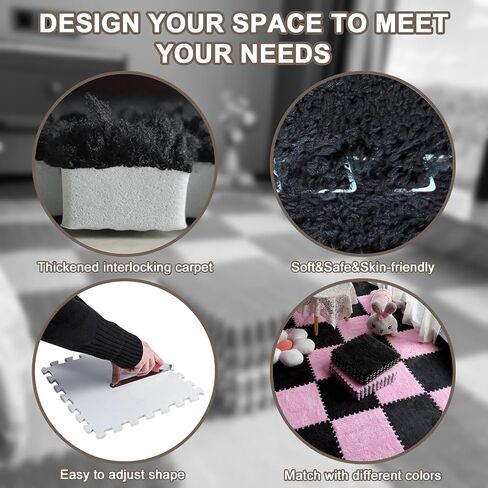 16pcs 0.6" Thickened Interlocking Tile Mats,Fluffy Shaggy Soft EVA Foam Area Rug for Living Room & Bedroom,Non-Slip Protective Floor Carpet Play Mat Kids Baby Dorm Home Decor (11.8ft, Black) in Kuwait