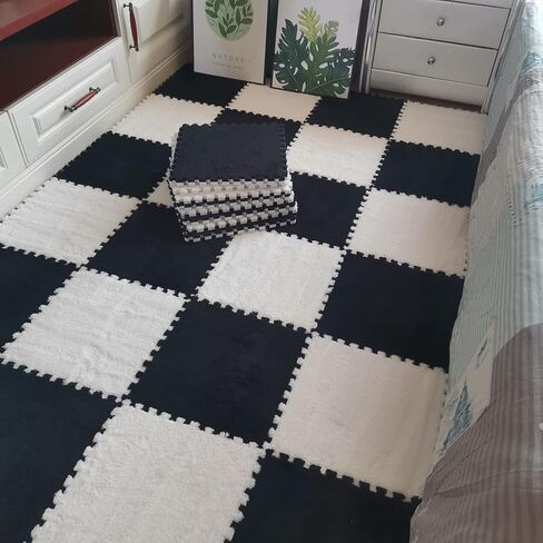16pcs 0.6" Thickened Interlocking Tile Mats,Fluffy Shaggy Soft EVA Foam Area Rug for Living Room & Bedroom,Non-Slip Protective Floor Carpet Play Mat Kids Baby Dorm Home Decor (11.8ft, Black) in Kuwait