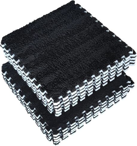 16pcs 0.6" Thickened Interlocking Tile Mats,Fluffy Shaggy Soft EVA Foam Area Rug for Living Room & Bedroom,Non-Slip Protective Floor Carpet Play Mat Kids Baby Dorm Home Decor (11.8ft, Black) in Kuwait