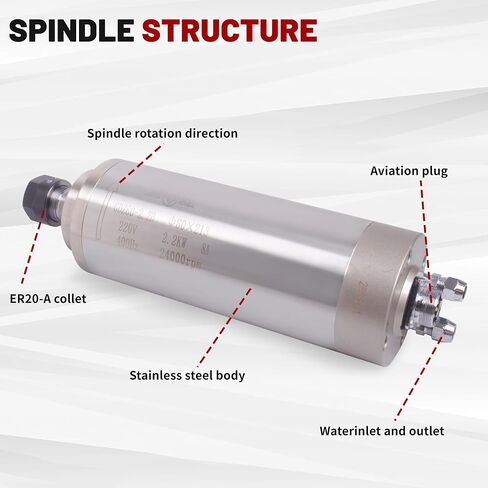 RATTMMOTOR 2.2KW Spindle Motor 110V, CNC Water Cooled Spindle Motor 80mm, 24000RPM High Speed Spindle Motor ER20 Collet 15A 400HZ for CNC Router Machine, CNC Engraver Milling Machine in Kuwait