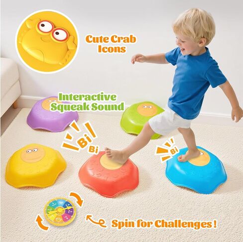 Stepping Stones for Kids - Anti-Slip Toddler Balance Stones with Squeaky Sound - 5pc Crab Sensory Toys for Indoor & Outdoor Play - Montessori Gross Motor Skills Obstacle Course for Boys Girls Toddlers in Saudi Arabia