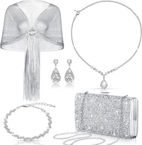 Tiamon 5 Pcs Rhinestone Jewelry Sets Shawls and Wraps Formal Clutch Purses for Women Evening Dresses Bridal Weddings in Kuwait