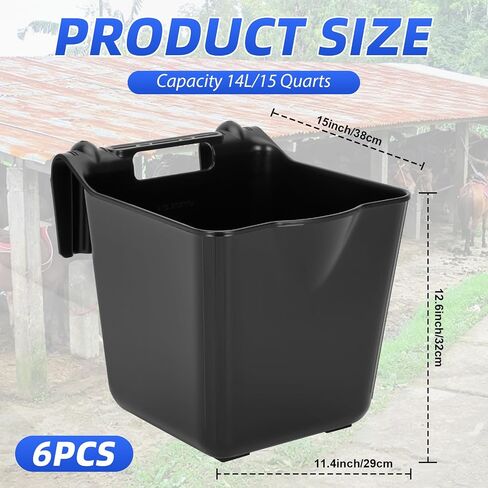 6-Pack Horse Feed Bucket, 15 Quart, Heavy Duty Plastic Livestock Feeding Pails, Multipurpose Water & Feed Tubs for Horse, Pony, Goat, Farm Stable Use-Black in Saudi Arabia