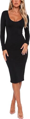 BORIFLORS Women's Sexy Bodycon Long Sleeve Deep V Neck Club Party Midi Pencil Dresses in Kuwait