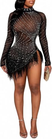 Women's Sexy Mesh Sheer Hot Drilling Bodycon Mini Dresses Long Sleeve Slit Rhinestones Dress Party Club in Saudi Arabia