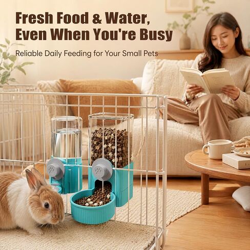 Automatic Rabbit Feeder and Water Dispenser Set,40oz Gravity Food Feeder&17oz Leak-Proof Water Bottle for Guinea Pigs,Hamsters,Chinchillas,Ferrets, Small Animals,Cage Mount Feeding Station Blue in Saudi Arabia