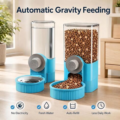 Automatic Rabbit Feeder and Water Dispenser Set,40oz Gravity Food Feeder&17oz Leak-Proof Water Bottle for Guinea Pigs,Hamsters,Chinchillas,Ferrets, Small Animals,Cage Mount Feeding Station Blue in Saudi Arabia