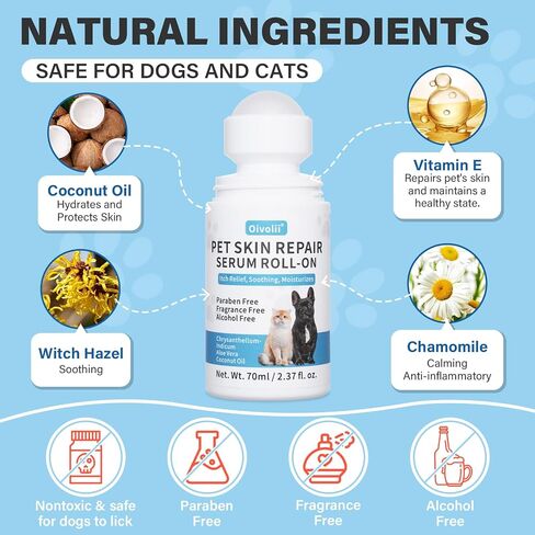 Dog Skin Repair Roll-On Serum – Natural Hot Spot & Red Spot Relief with Coconut Oil – Soothes Itchy, Dry & Irritated Skin, Supports Fur Regrowth – Lick-Safe, No-Rinse Pet Skin Care for Dogs & Cats in Saudi Arabia