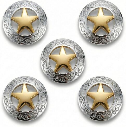 OKKRMGZ 5Pcs Conchos for Leather Crafts Silver Engraved Star Western Saddle Buttons with Screws Gold Tone Star Button Accessories for Belts Bags Hats in Kuwait