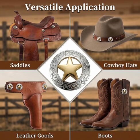 OKKRMGZ 5Pcs Conchos for Leather Crafts Silver Engraved Star Western Saddle Buttons with Screws Gold Tone Star Button Accessories for Belts Bags Hats in Kuwait