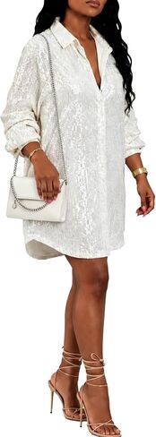 Vaceky Sparkly Dresses for Women Plus Size Lapel Button Up V Neck Shirt Dress Sequin Glitter Long Sleeve Mini Dress in Kuwait
