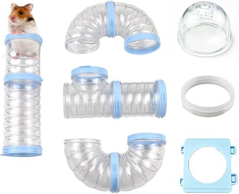 8 PCS Syrian Hamster Tube Set,Transparent Pet Cage Curvy Tunnel Kit DIY Dwarf Hamster Toy Tube Small Animal External Accessories Adventure Pipe for Mice Rat(Blue) in Kuwait