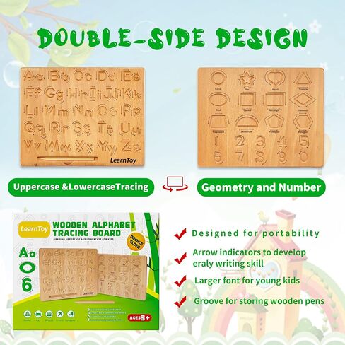 LearnToy Montessori Wooden Alphabet Tracing Board - Educational Toy for Kids - Fine Motor Skills Development - Double-Sided Writing Practice - Ideal Gift for Preschool 3-5 Years Old. in Kuwait