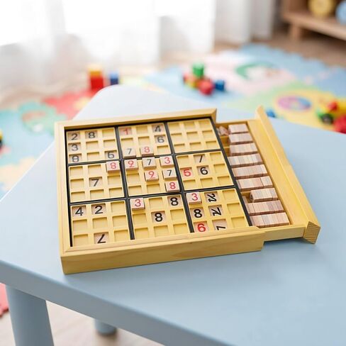 Wooden Sudoku Board Game for Adults, Yellow Reusable Number Tiles in Kuwait