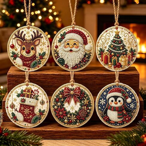 6PCS Christmas Wooden Ornaments DIY Diamond Painting Kit,Pearl Diamond Art Kits for Adults, Pearl and Special-Shaped Gem Craft Set with Twine for Tree and Window Decor in Kuwait