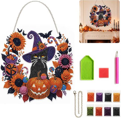 Autumn Harvest Pumpkin Diamond Art Hanging Ornament Kit,Halloween Diamond Art Hanging Kits,DIY Diamond Art Hanging Sign,Acrylic Window Hanging Decor for Window Home Garden Wall in Saudi Arabia