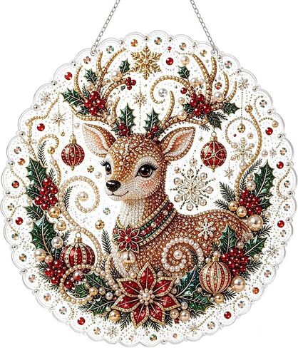 Christmas Pearl Diamond Painting Suncatcher Kit, DIY Craft (#A, 8in) | Pre-Assembled Metal Chain, Acrylic Round Board with Lace Edge, 3D Mixed-Sized Pearl Beads Craft, Festive Window Wall Decor-A in Kuwait