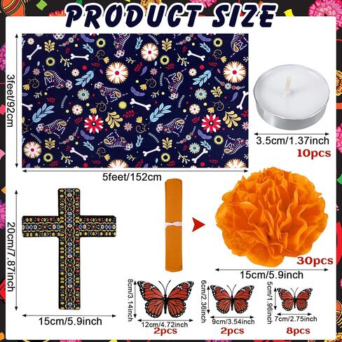54 Pcs Dia De Los Muertos Altar Ofrenda Day of The Dead Decoration Dog Memorial Set Including Dog Skulls Tablecloth, Marigold Flowers, Mexican Cross, Butterflies and Candles for Fiesta Pet Remembrance in Kuwait
