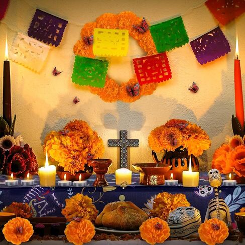 54 Pcs Dia De Los Muertos Altar Ofrenda Day of The Dead Decoration Dog Memorial Set Including Dog Skulls Tablecloth, Marigold Flowers, Mexican Cross, Butterflies and Candles for Fiesta Pet Remembrance in Kuwait