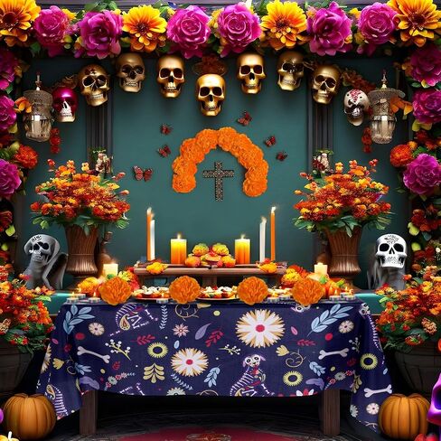 54 Pcs Dia De Los Muertos Altar Ofrenda Day of The Dead Decoration Dog Memorial Set Including Dog Skulls Tablecloth, Marigold Flowers, Mexican Cross, Butterflies and Candles for Fiesta Pet Remembrance in Kuwait