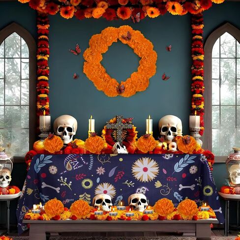 54 Pcs Dia De Los Muertos Altar Ofrenda Day of The Dead Decoration Dog Memorial Set Including Dog Skulls Tablecloth, Marigold Flowers, Mexican Cross, Butterflies and Candles for Fiesta Pet Remembrance in Kuwait