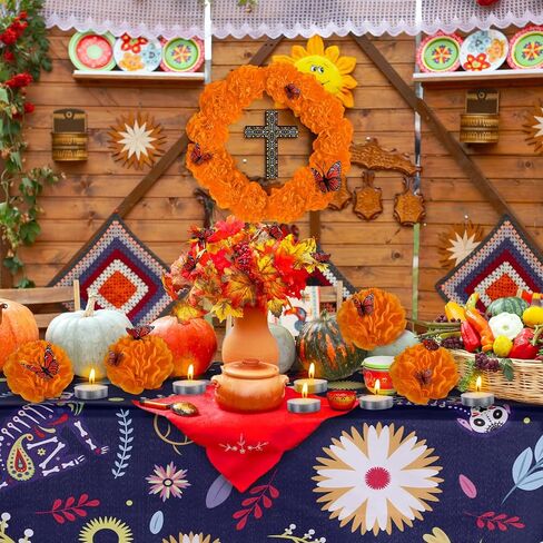 54 Pcs Dia De Los Muertos Altar Ofrenda Day of The Dead Decoration Dog Memorial Set Including Dog Skulls Tablecloth, Marigold Flowers, Mexican Cross, Butterflies and Candles for Fiesta Pet Remembrance in Kuwait