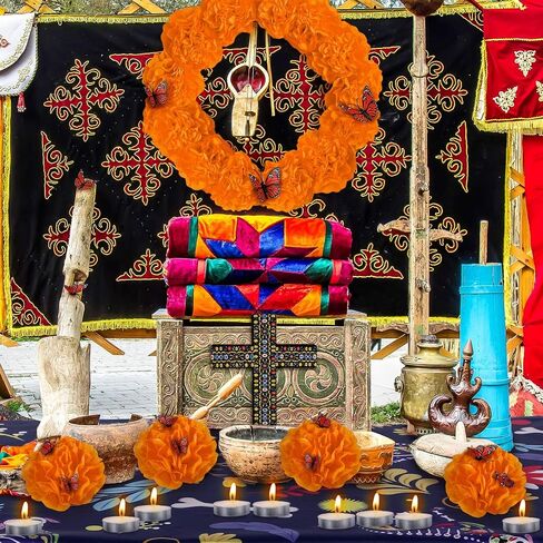 54 Pcs Dia De Los Muertos Altar Ofrenda Day of The Dead Decoration Dog Memorial Set Including Dog Skulls Tablecloth, Marigold Flowers, Mexican Cross, Butterflies and Candles for Fiesta Pet Remembrance in Kuwait