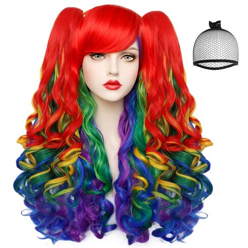 JoneTing Rainbow Ponytail Wig【+Wig Cap】Rainbow Cosplay Wig with Pigtails Curly Rainbow Wig with Double Ponytails Long Curly Multi-Red Rainbow Wigs for Halloween Christmas Party Costume Wigs for Cosers in Kuwait