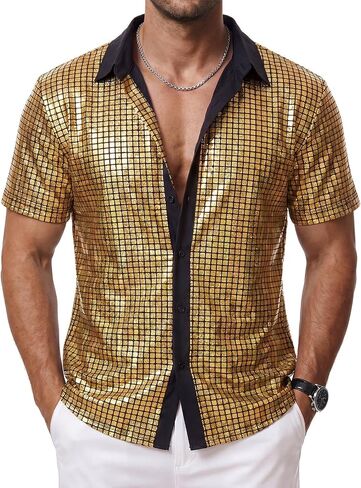Mens 70S Disco Outfits Short Sleeve Button Down Shirts Sparkle Sequin Party Novelty Shirts Nightclub Prom Costume in Kuwait